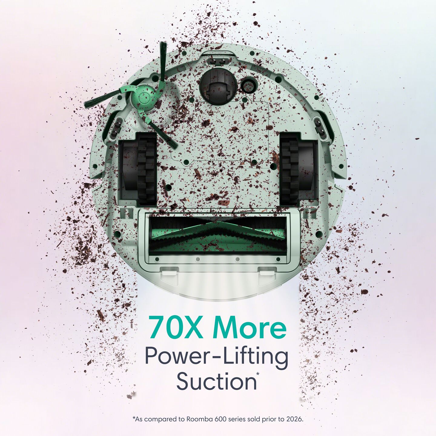 bottom of roomba mini mint, 70x more power-lifting suction