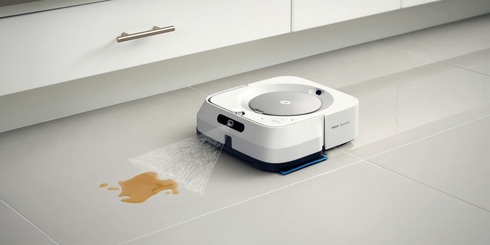 An m6 Braava cleaning liquid off a floor